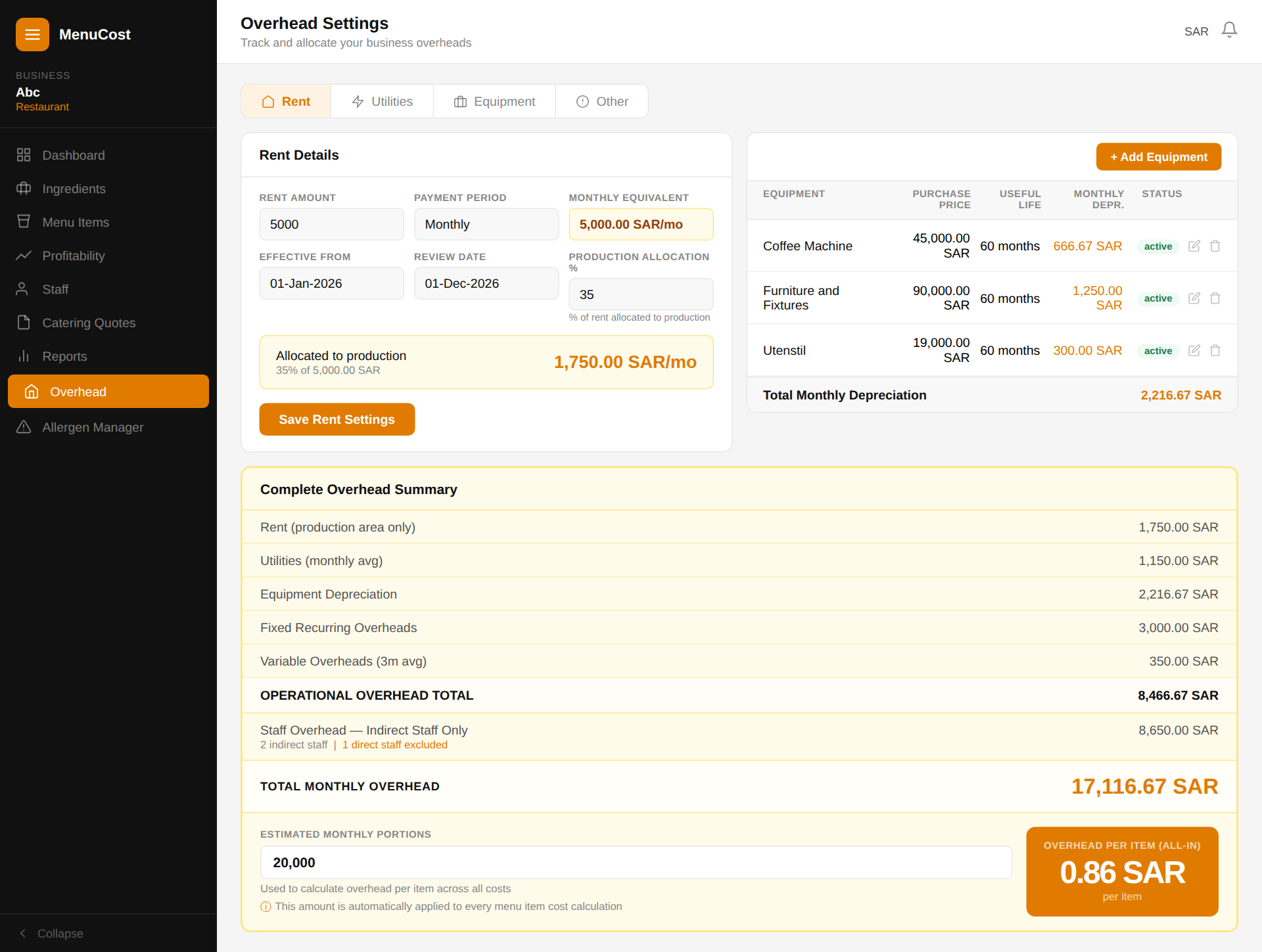 MenuCost Overhead Tab screen