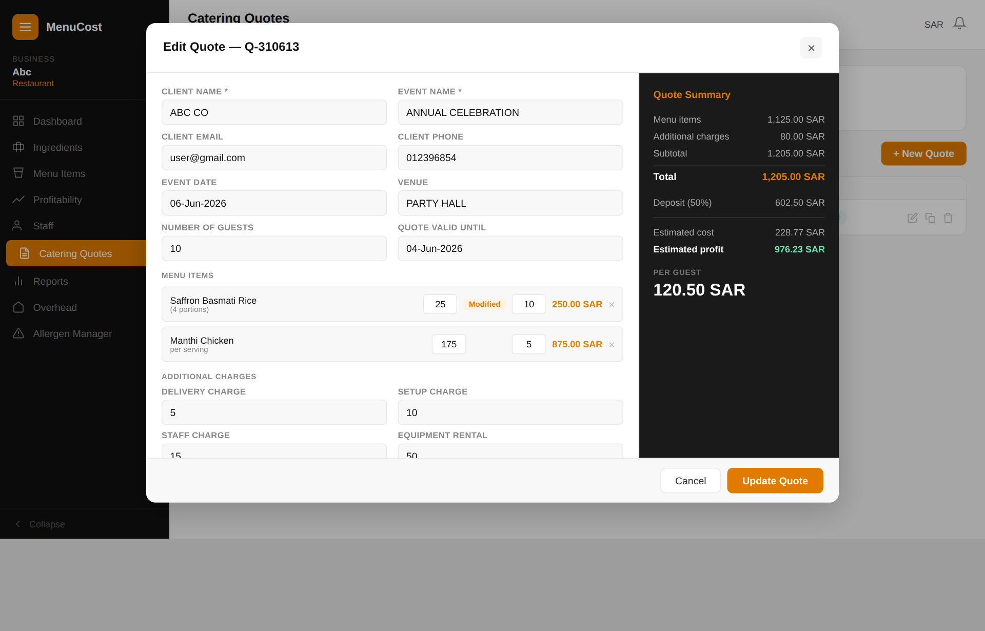 Catering Quotes tab screen view in MenuCost