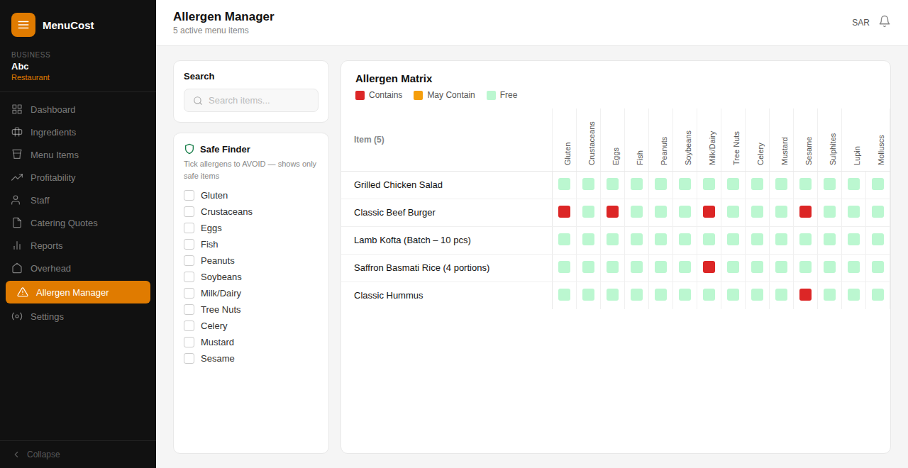 Allergen Manager Tab screen view from MenuCost